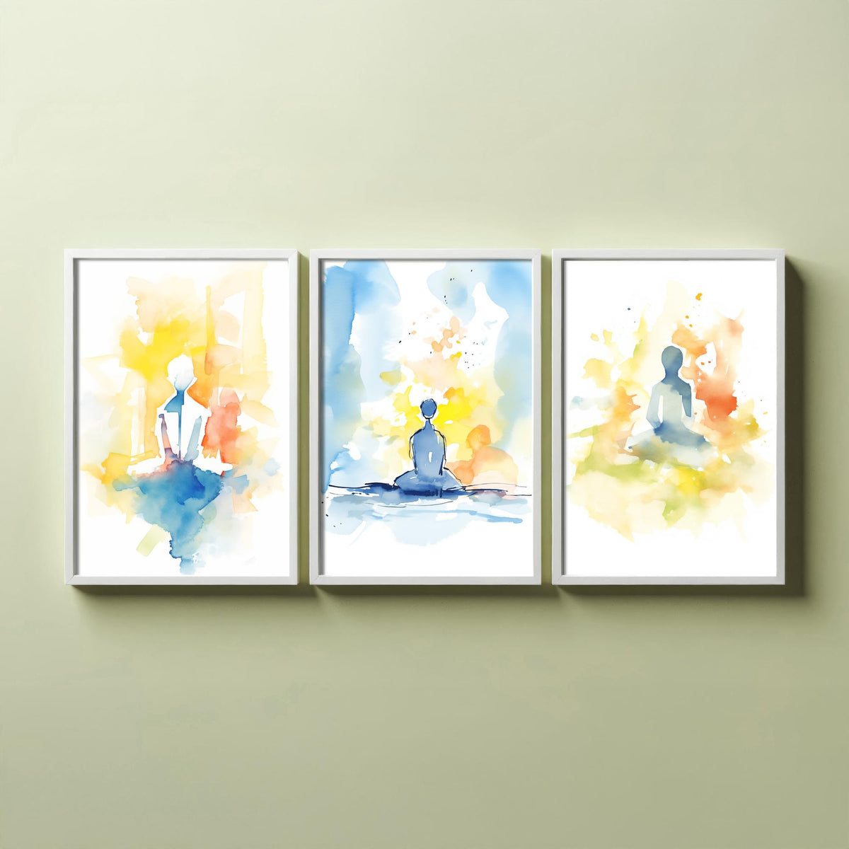 Meditation Watercolour Set of Three Art Prints - Simple Seated Figures in Yellow and Blue - Calm Zen Poster Painting