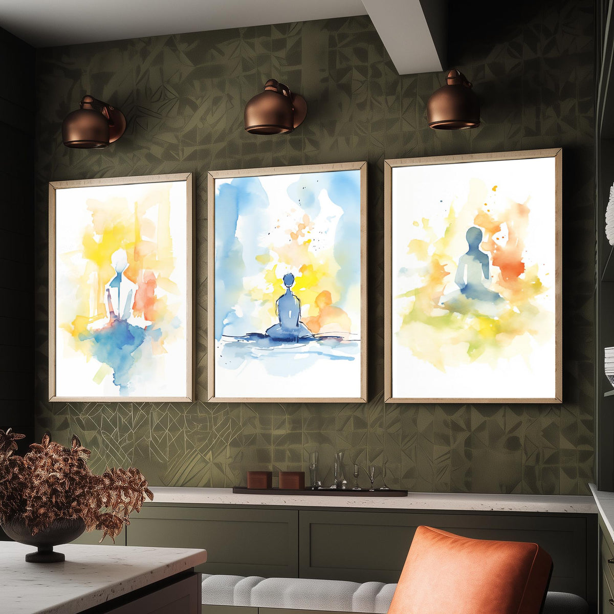 Meditation Watercolour Set of Three Art Prints - Simple Seated Figures in Yellow and Blue - Calm Zen Poster Painting