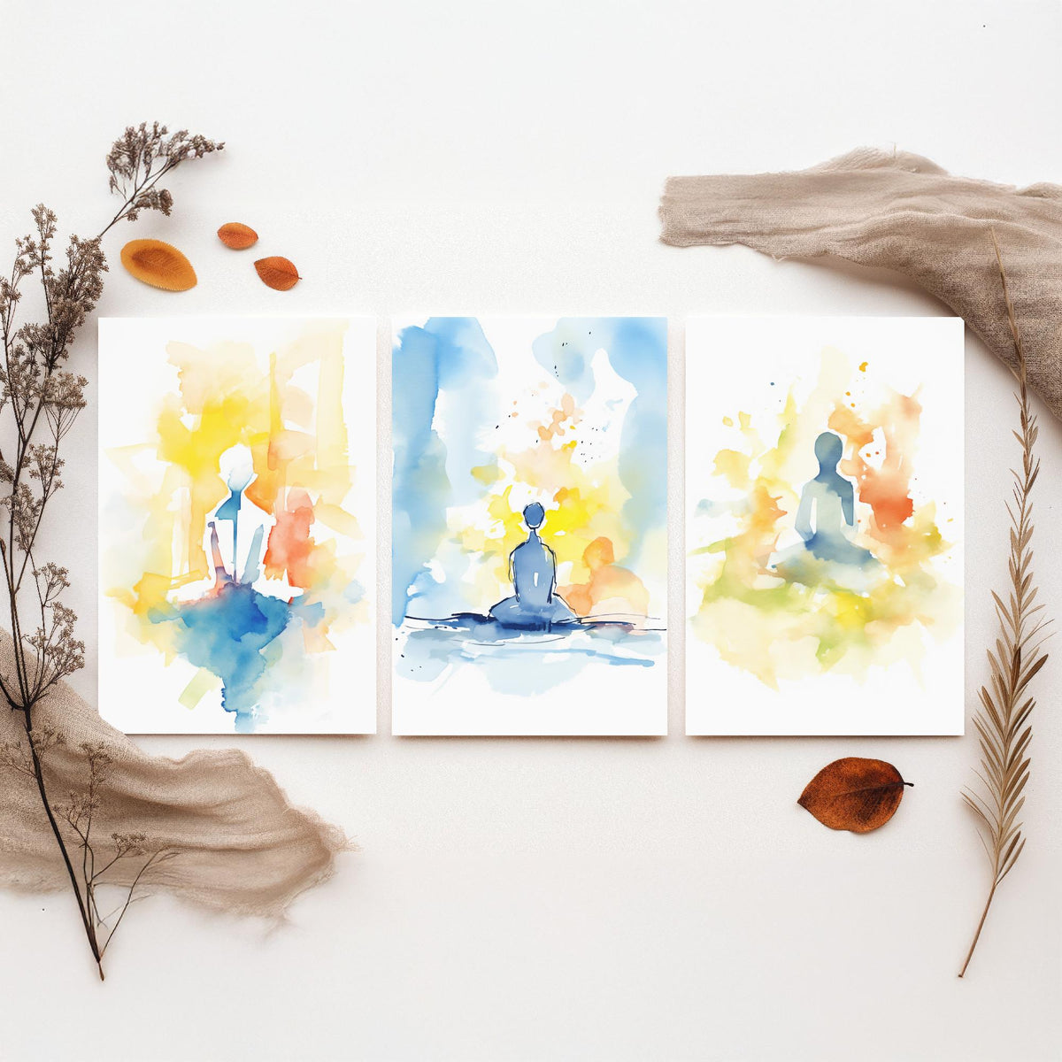 Meditation Watercolour Set of Three Art Prints - Simple Seated Figures in Yellow and Blue - Calm Zen Poster Painting