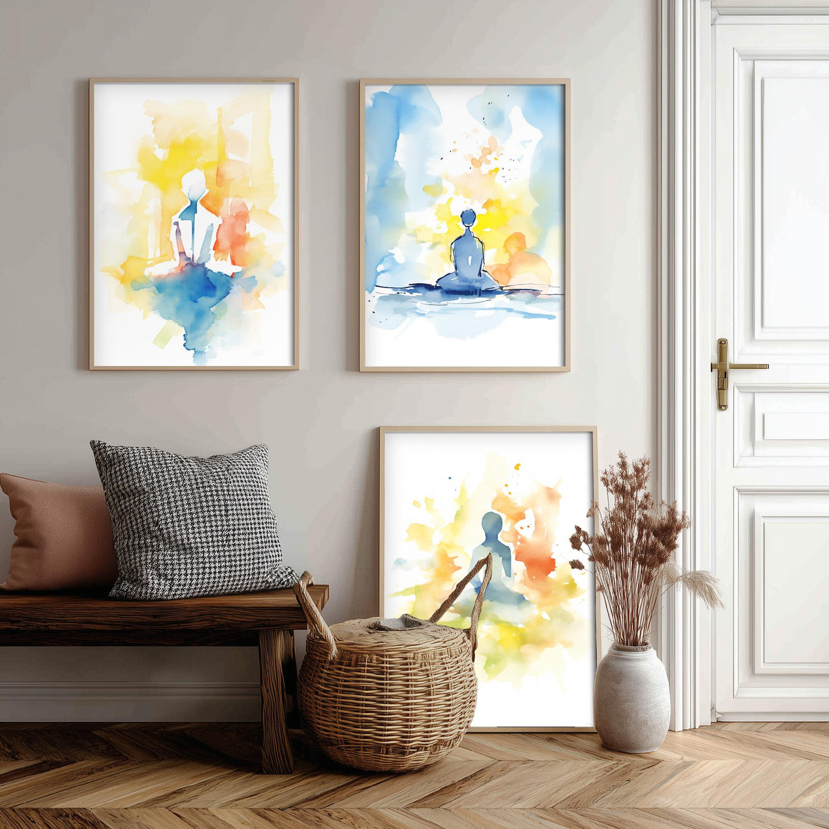 Meditation Watercolour Set of Three Art Prints - Simple Seated Figures in Yellow and Blue - Calm Zen Poster Painting