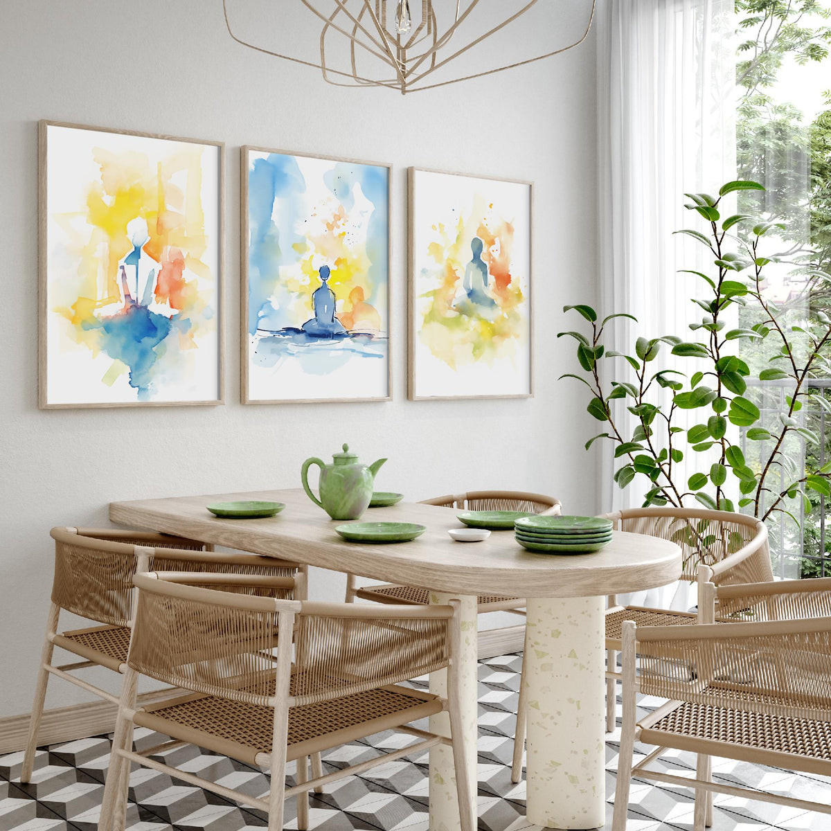 Meditation Watercolour Set of Three Art Prints - Simple Seated Figures in Yellow and Blue - Calm Zen Poster Painting
