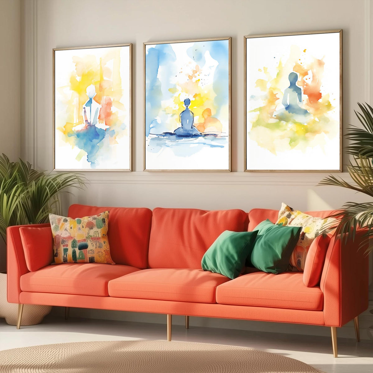 Meditation Watercolour Set of Three Art Prints - Simple Seated Figures in Yellow and Blue - Calm Zen Poster Painting