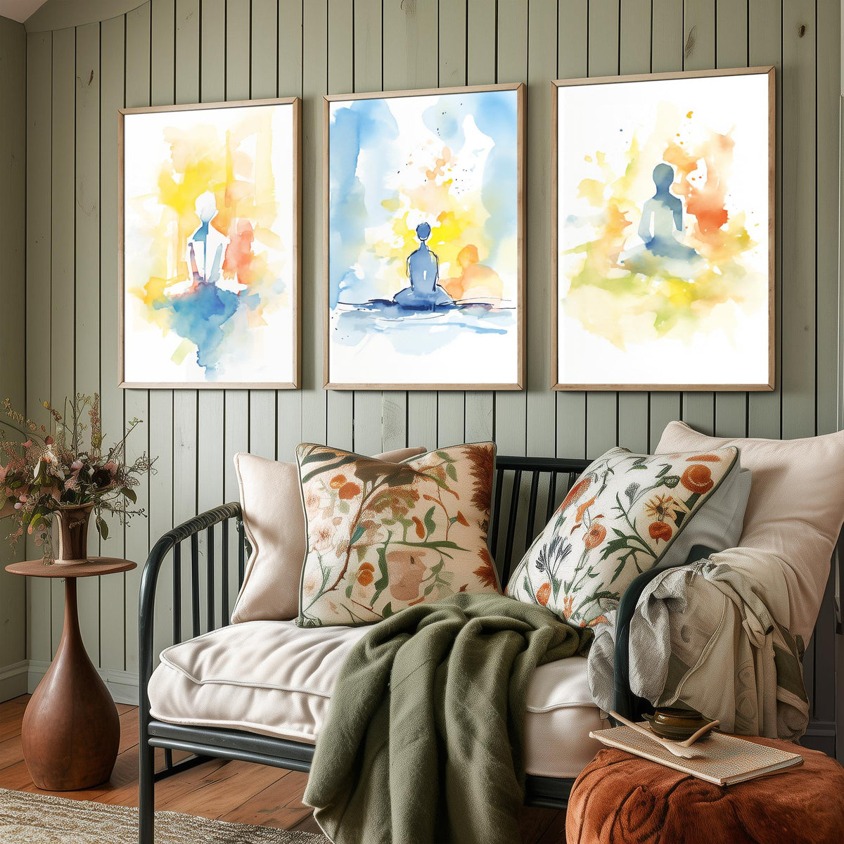 Meditation Watercolour Set of Three Art Prints - Simple Seated Figures in Yellow and Blue - Calm Zen Poster Painting