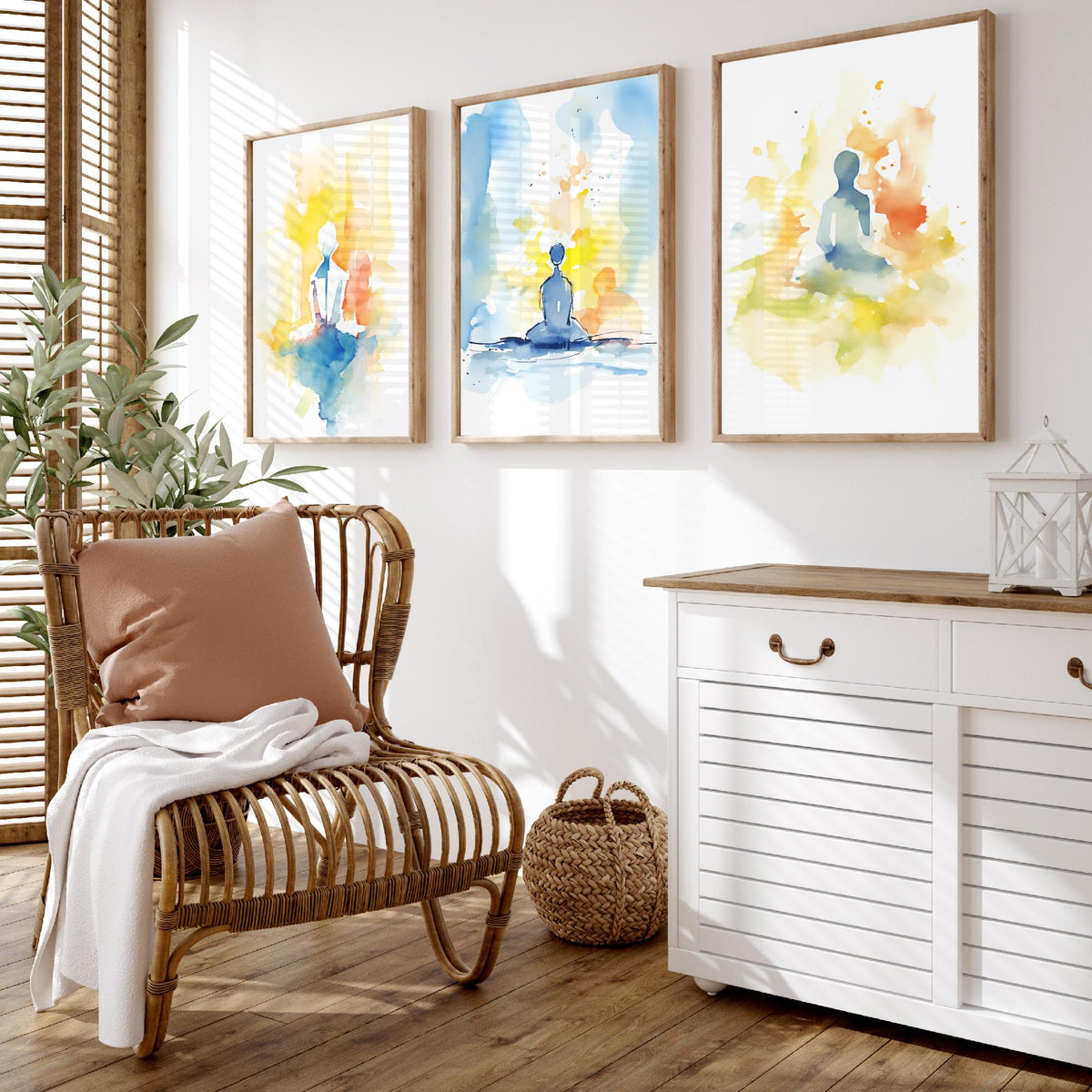 Meditation Watercolour Set of Three Art Prints - Simple Seated Figures in Yellow and Blue - Calm Zen Poster Painting
