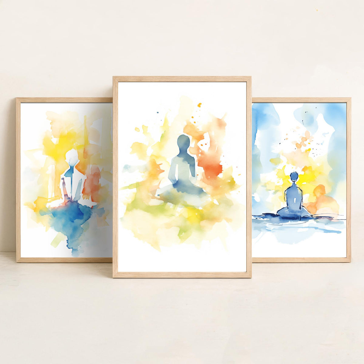 Meditation Watercolour Set of Three Art Prints - Simple Seated Figures in Yellow and Blue - Calm Zen Poster Painting