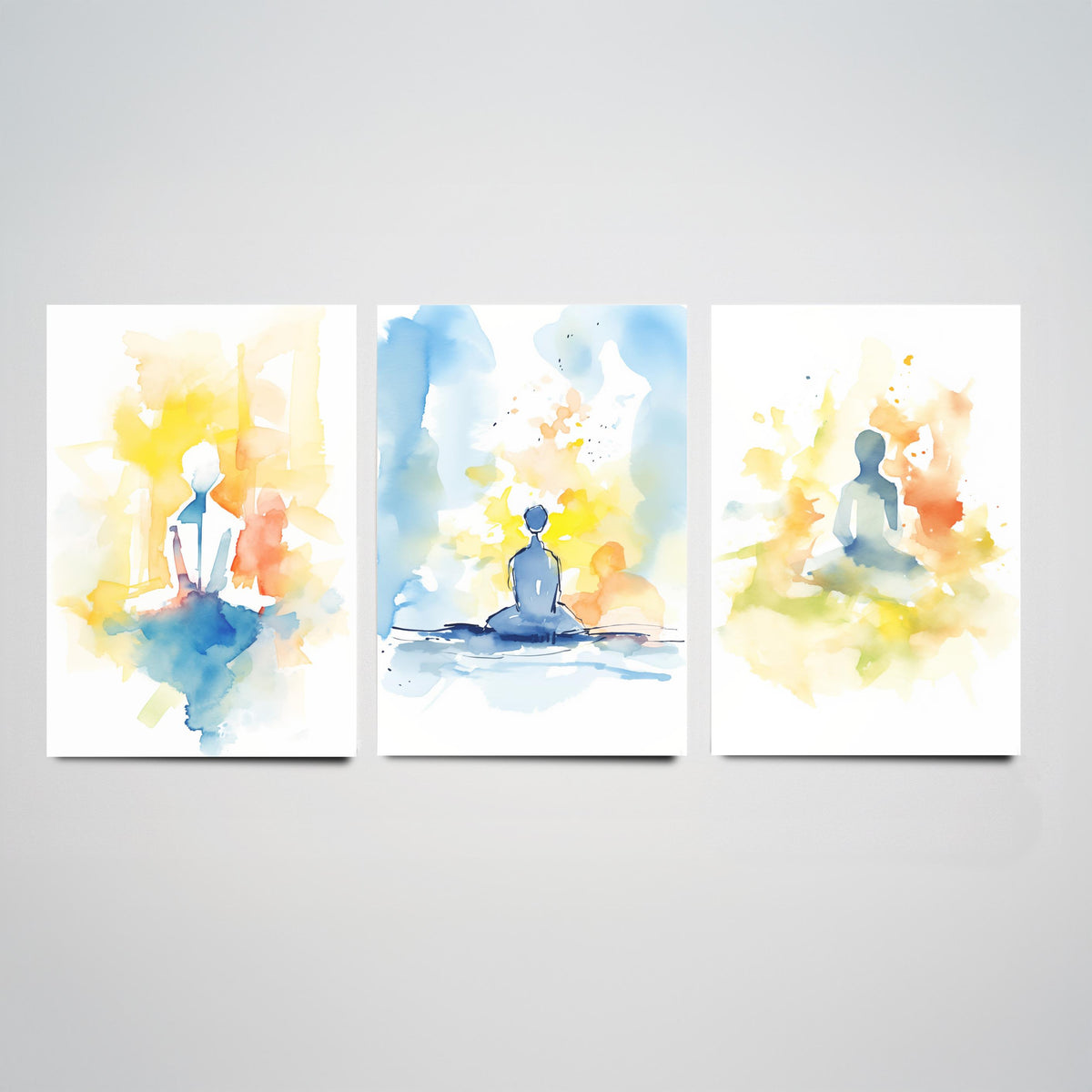 Meditation Watercolour Set of Three Art Prints - Simple Seated Figures in Yellow and Blue - Calm Zen Poster Painting
