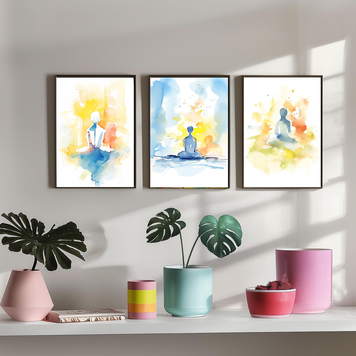 Meditation Watercolour Set of Three Art Prints - Simple Seated Figures in Yellow and Blue - Calm Zen Poster Painting
