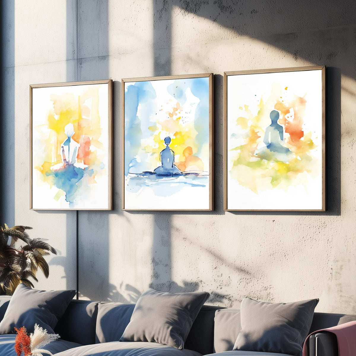 Meditation Watercolour Set of Three Art Prints - Simple Seated Figures in Yellow and Blue - Calm Zen Poster Painting