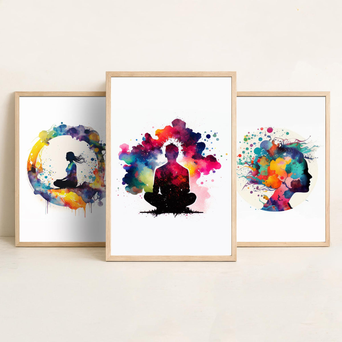 Cosmic Meditation Set of Three Art Prints - Galaxy Silhouettes in Rainbow Watercolour - Spiritual Poster Painting