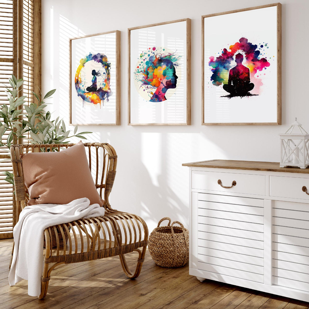 Cosmic Meditation Set of Three Art Prints - Galaxy Silhouettes in Rainbow Watercolour - Spiritual Poster Painting