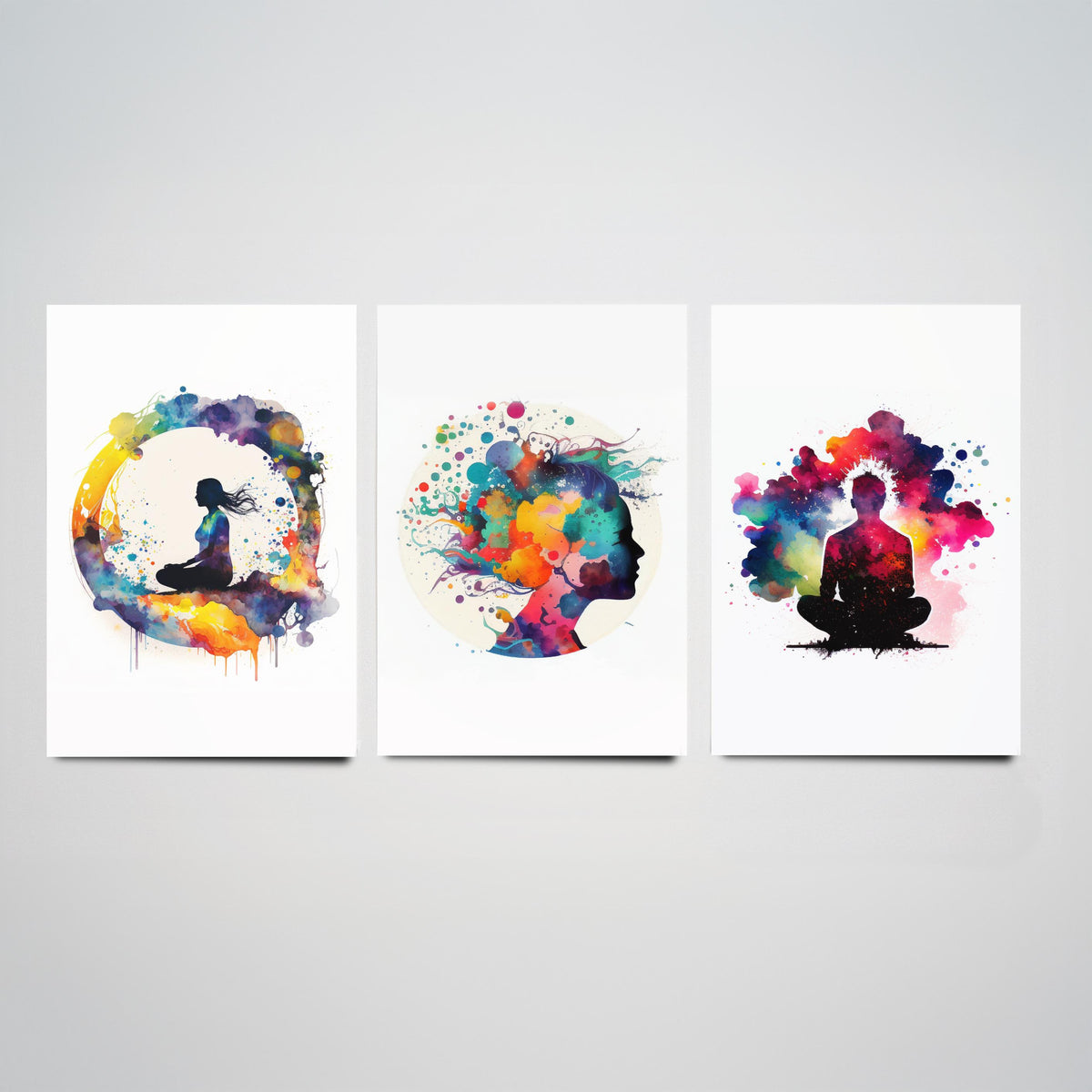 Cosmic Meditation Set of Three Art Prints - Galaxy Silhouettes in Rainbow Watercolour - Spiritual Poster Painting