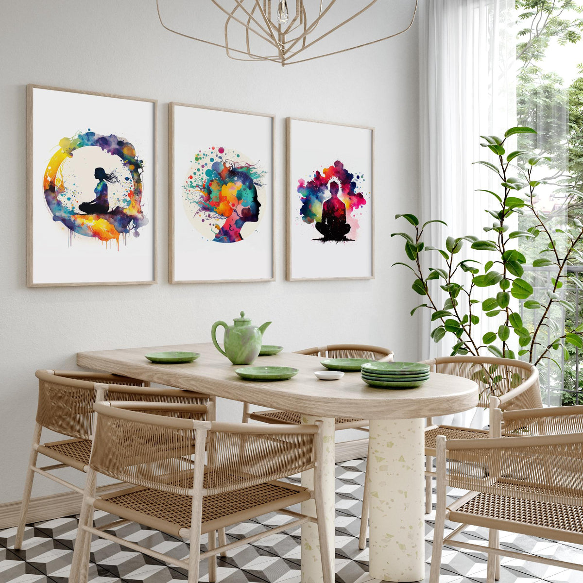 Cosmic Meditation Set of Three Art Prints - Galaxy Silhouettes in Rainbow Watercolour - Spiritual Poster Painting