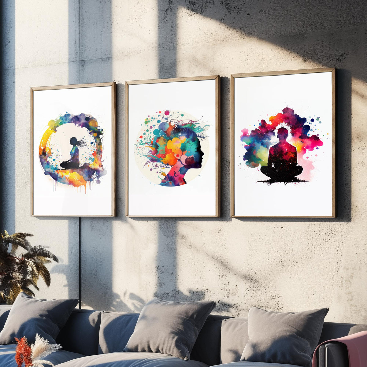 Cosmic Meditation Set of Three Art Prints - Galaxy Silhouettes in Rainbow Watercolour - Spiritual Poster Painting