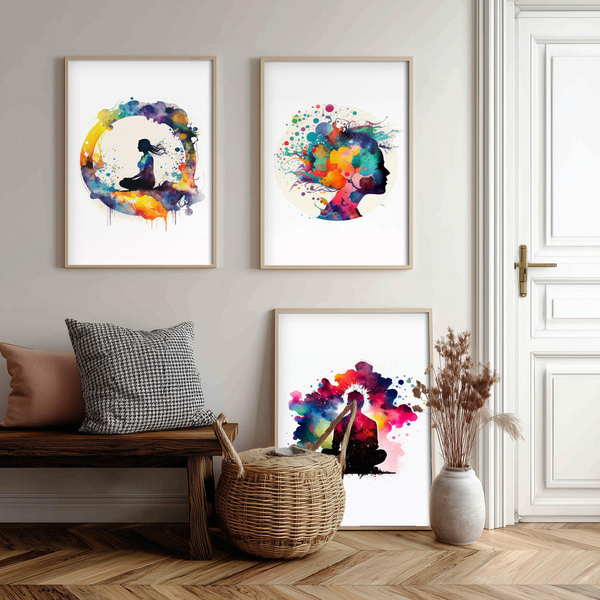 Cosmic Meditation Set of Three Art Prints - Galaxy Silhouettes in Rainbow Watercolour - Spiritual Poster Painting