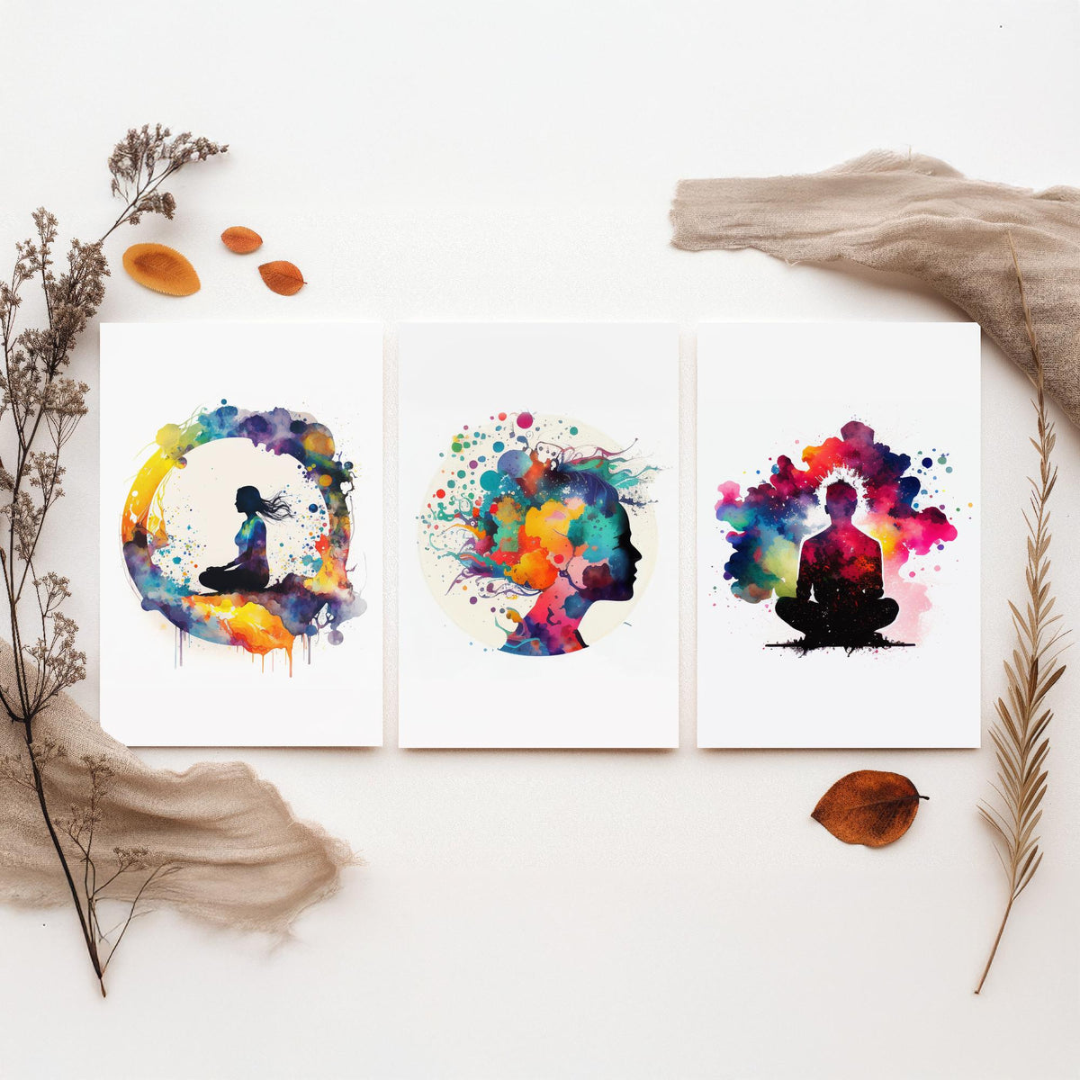 Cosmic Meditation Set of Three Art Prints - Galaxy Silhouettes in Rainbow Watercolour - Spiritual Poster Painting