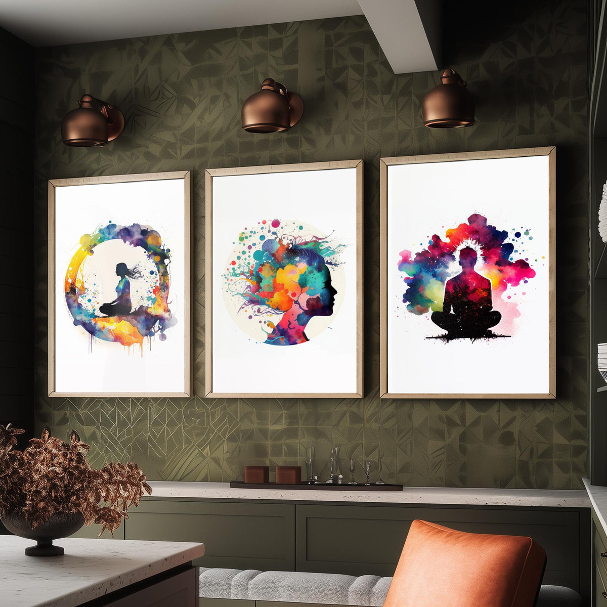 Cosmic Meditation Set of Three Art Prints - Galaxy Silhouettes in Rainbow Watercolour - Spiritual Poster Painting