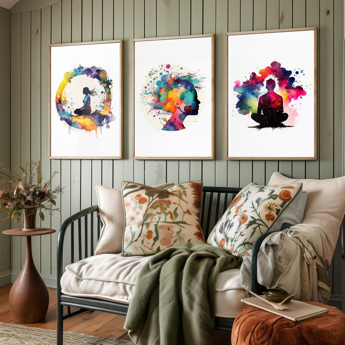 Cosmic Meditation Set of Three Art Prints - Galaxy Silhouettes in Rainbow Watercolour - Spiritual Poster Painting