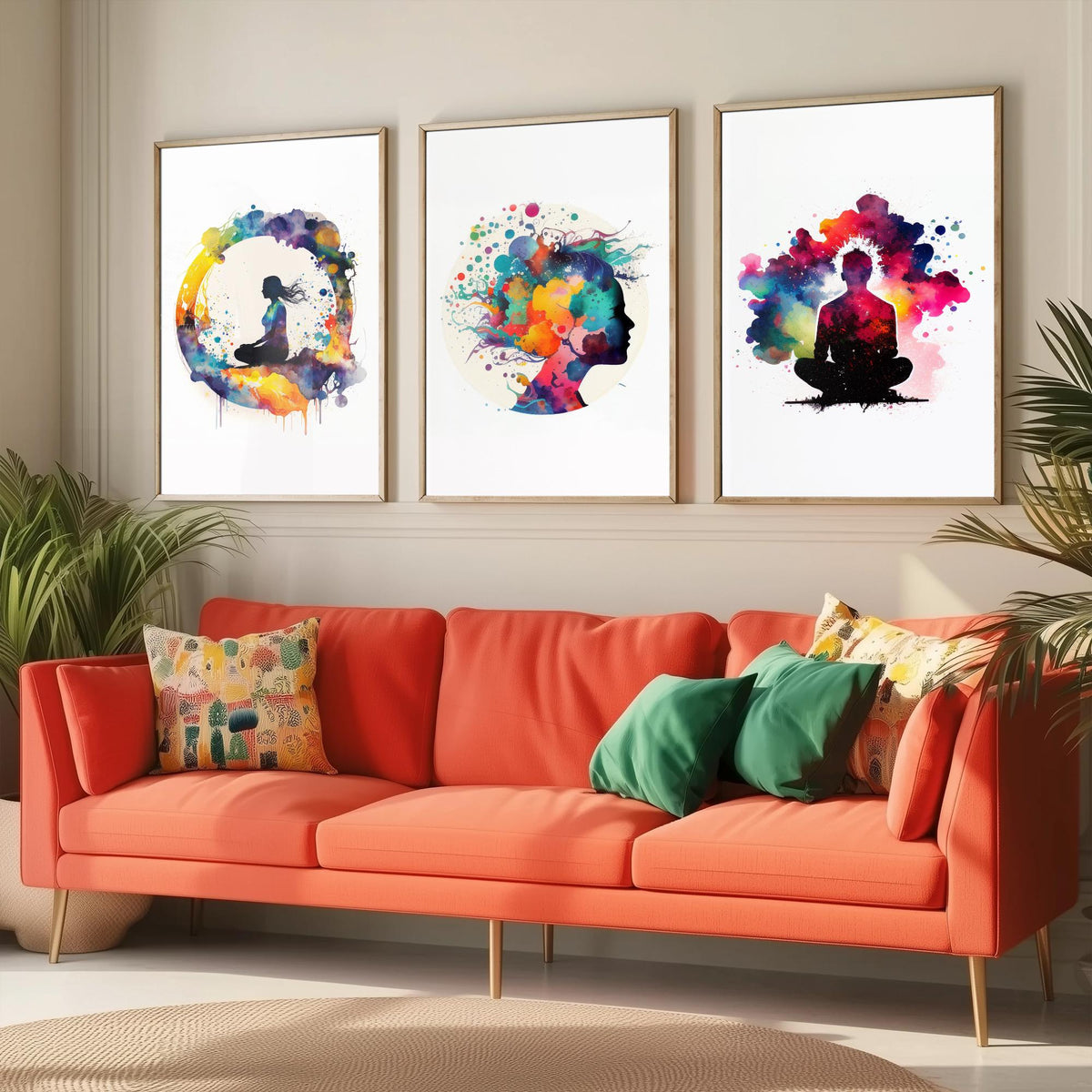 Cosmic Meditation Set of Three Art Prints - Galaxy Silhouettes in Rainbow Watercolour - Spiritual Poster Painting