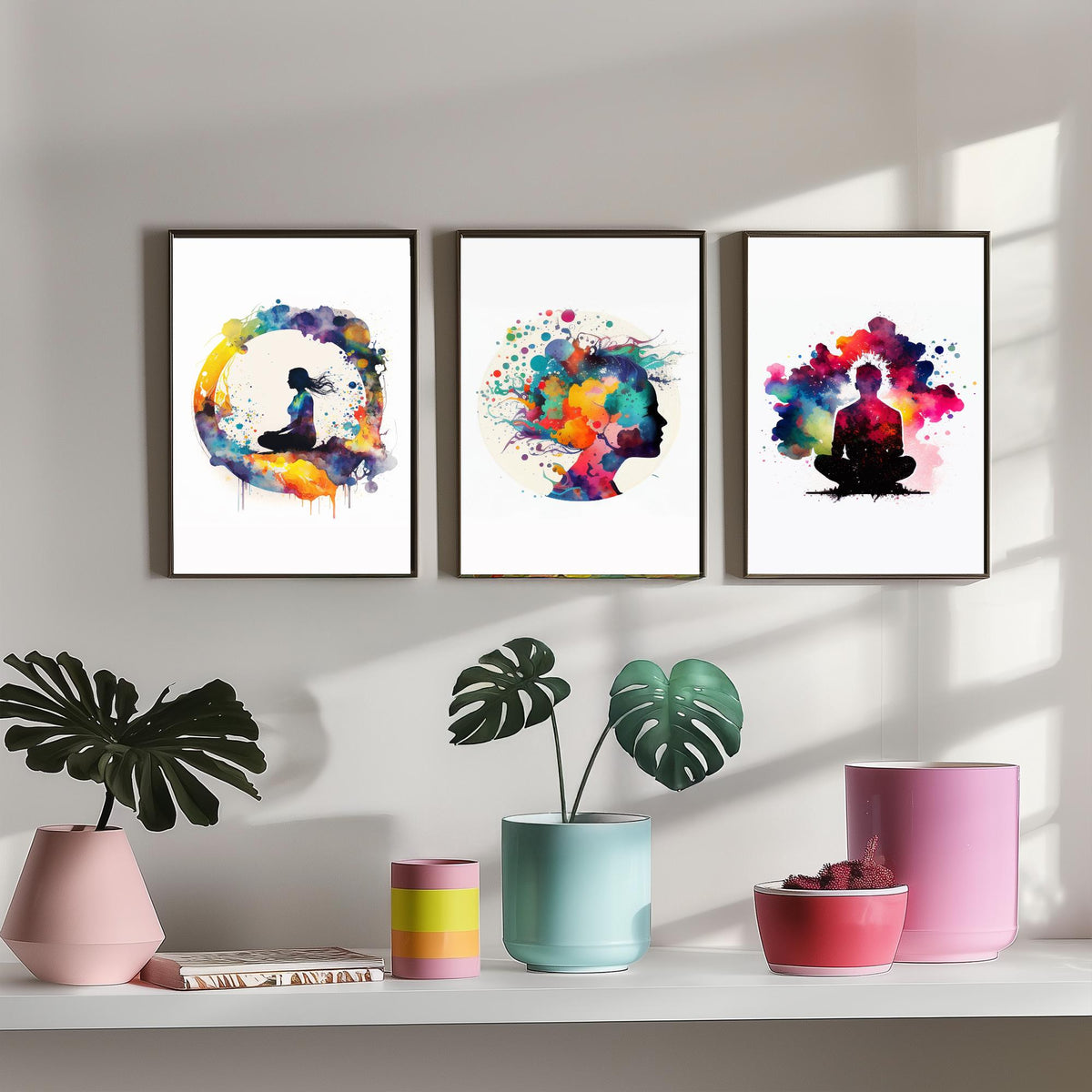 Cosmic Meditation Set of Three Art Prints - Galaxy Silhouettes in Rainbow Watercolour - Spiritual Poster Painting