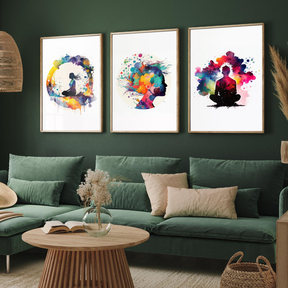 Cosmic Meditation Set of Three Art Prints - Galaxy Silhouettes in Rainbow Watercolour - Spiritual Poster Painting