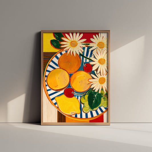 Mediterranean Fruit Plate Art Print - Bold Still Life Poster - Colourful Kitchen Illustration - Wall Art 1/3