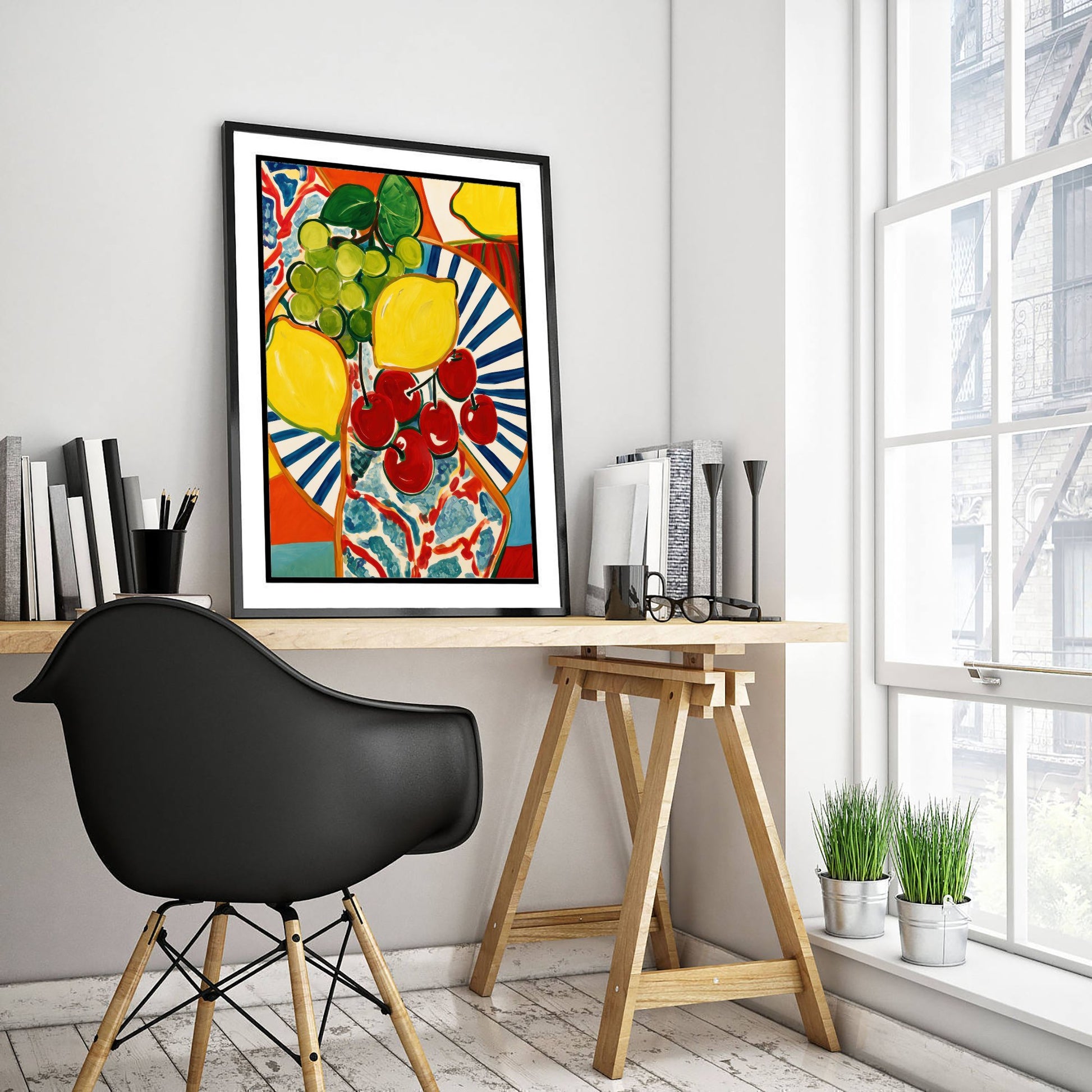 Mediterranean Fruit Plate Art Print - Lemons & Cherries Poster - Colourful Kitchen Illustration 2/3