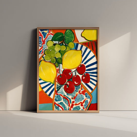 Mediterranean Fruit Plate Art Print - Lemons & Cherries Poster - Colourful Kitchen Illustration 2/3