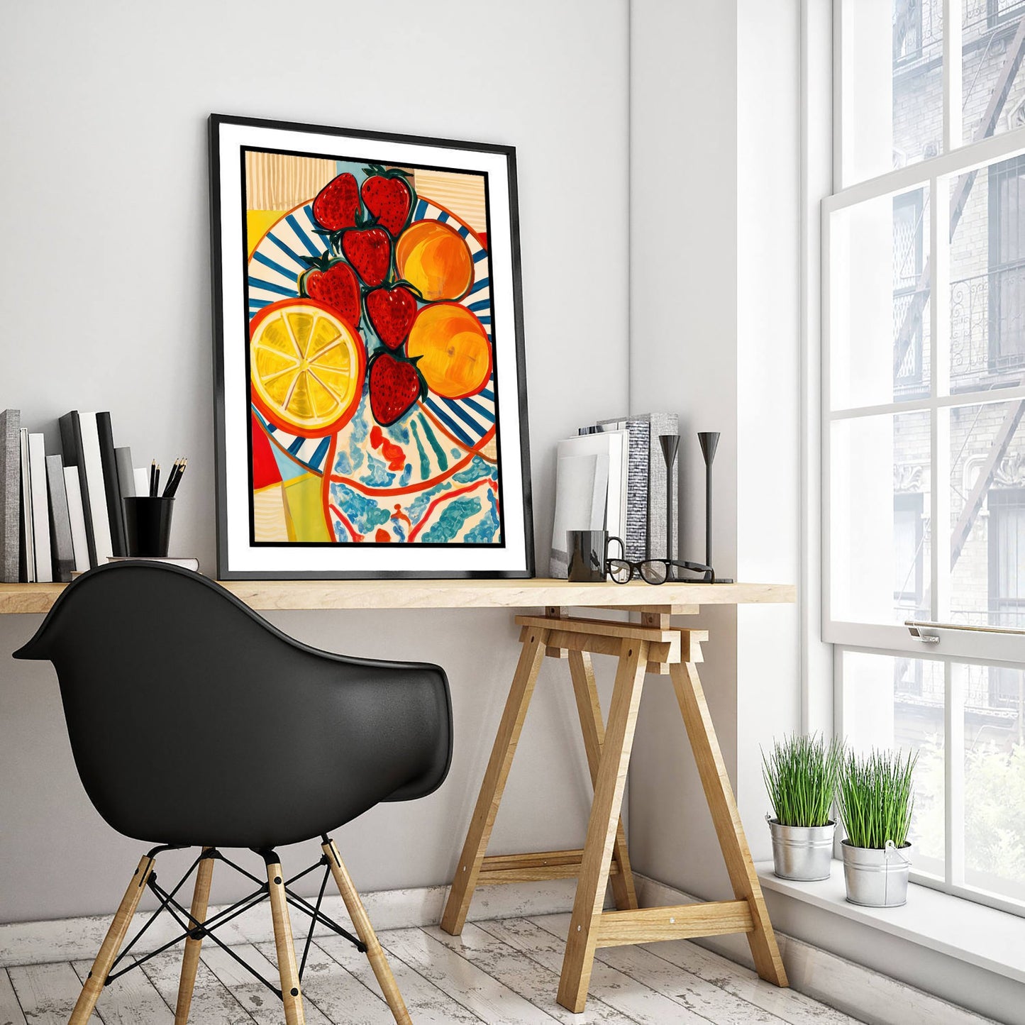 Mediterranean Fruit Plate Art Print - Strawberries & Oranges Poster - Colourful Kitchen Illustration 3/3
