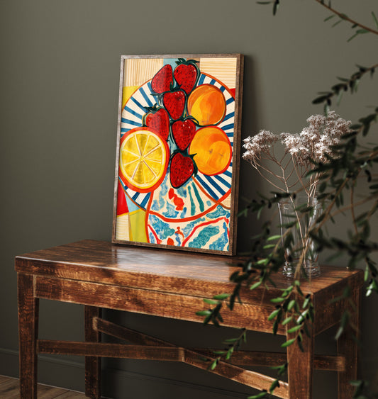 Mediterranean Fruit Plate Art Print - Strawberries & Oranges Poster - Colourful Kitchen Illustration 3/3