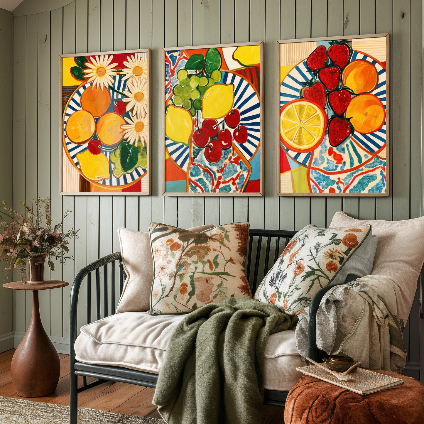 Mediterranean Fruit Set of Three Kitchen Art Prints - Matisse Style Fruit Plates - Bold Poster Wall Art Painting Gift Decor