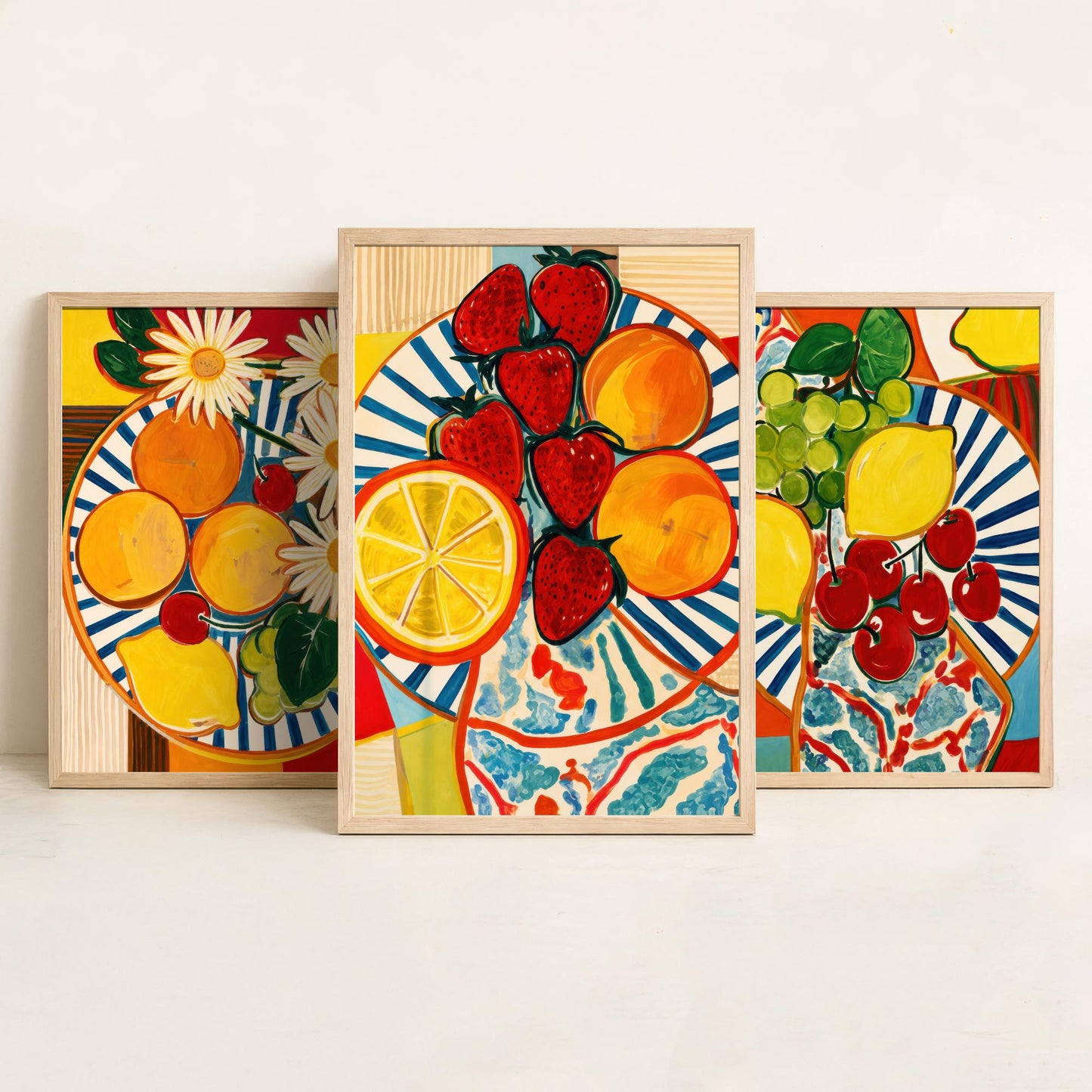 Mediterranean Fruit Set of Three Kitchen Art Prints - Matisse Style Fruit Plates - Bold Poster Wall Art Painting Gift Decor