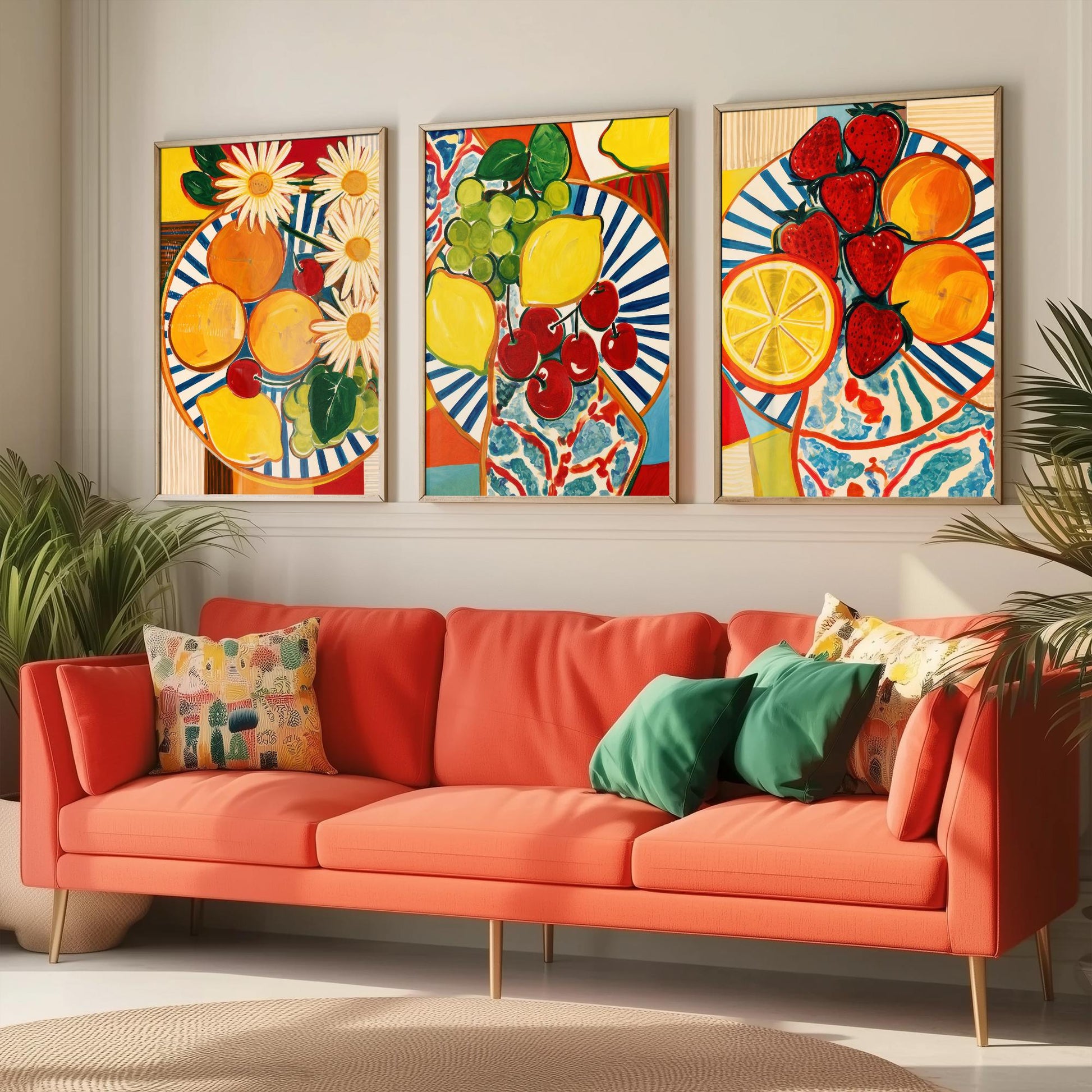Mediterranean Fruit Set of Three Kitchen Art Prints - Matisse Style Fruit Plates - Bold Poster Wall Art Painting Gift Decor
