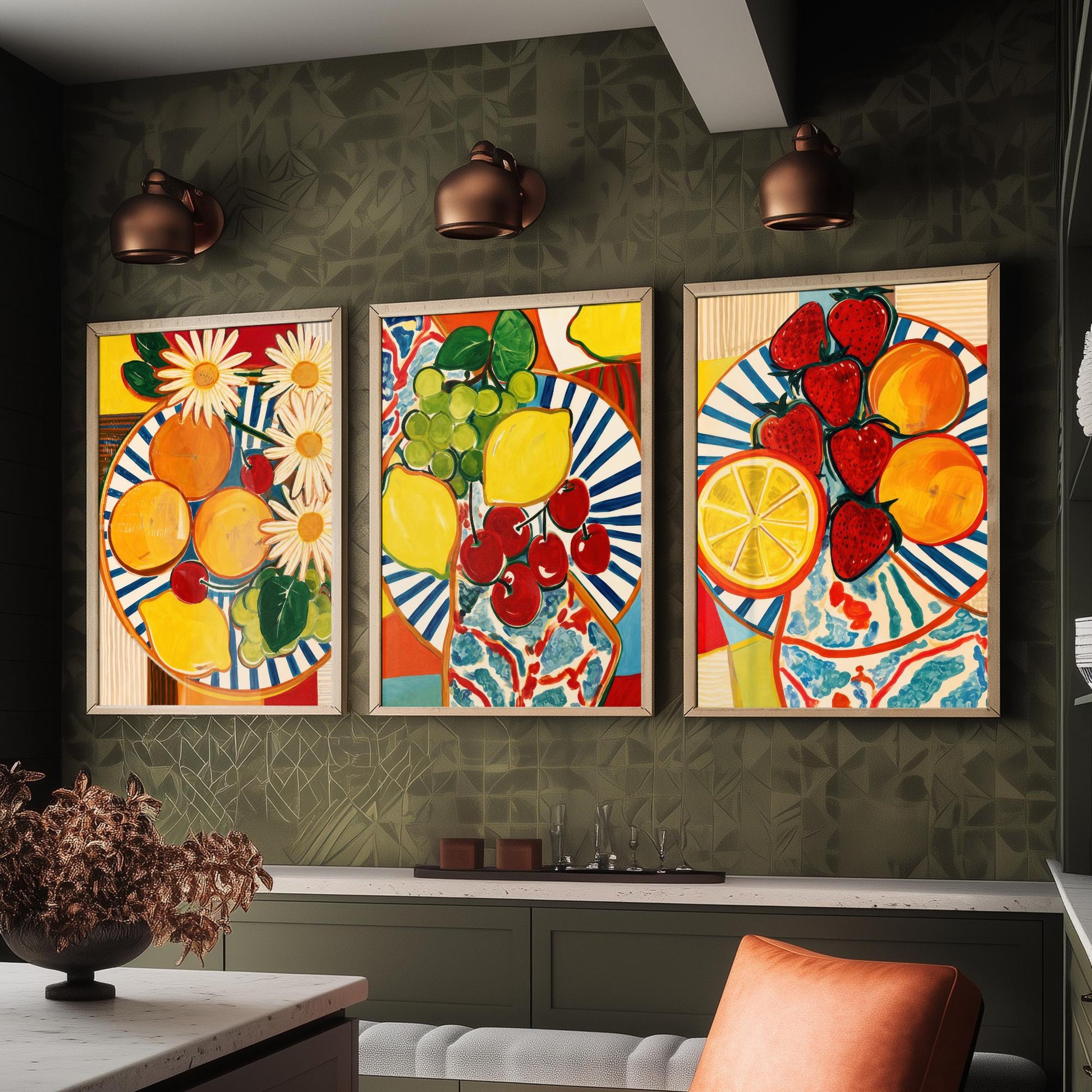 Mediterranean Fruit Set of Three Kitchen Art Prints - Matisse Style Fruit Plates - Bold Poster Wall Art Painting Gift Decor