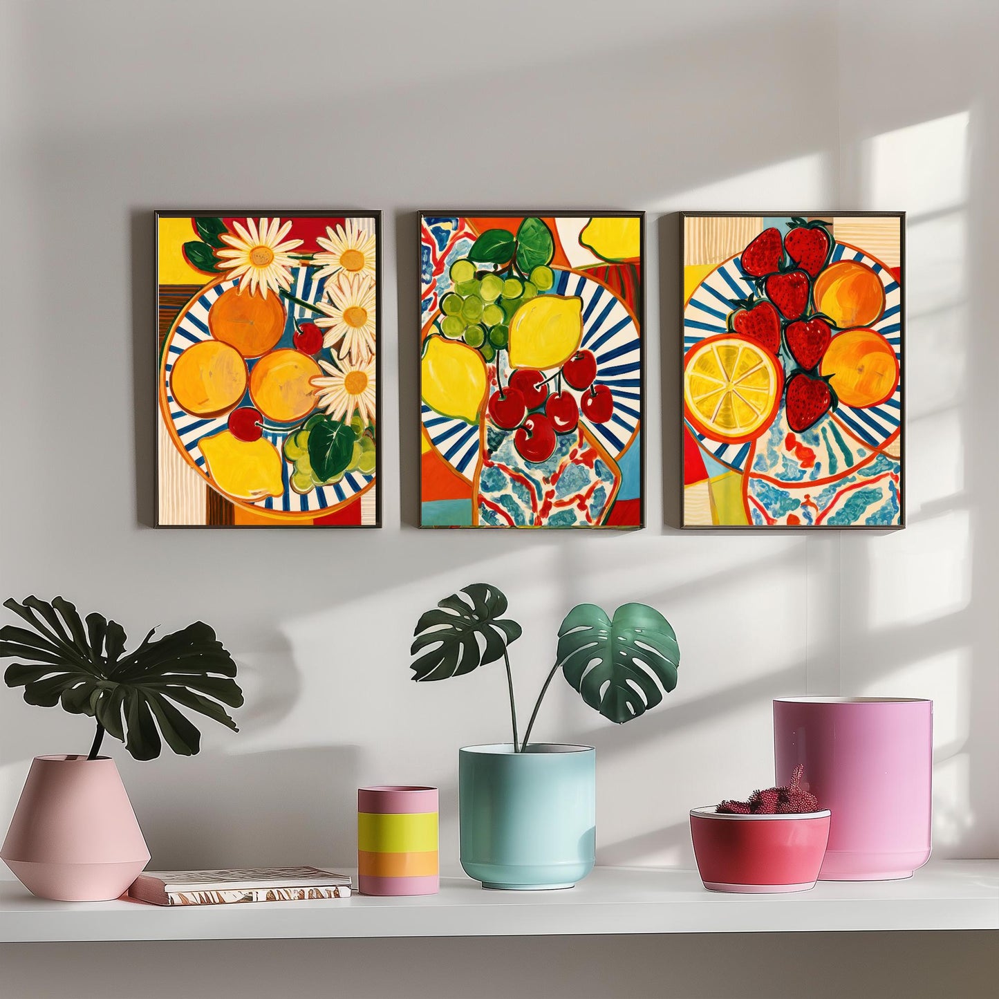 Mediterranean Fruit Set of Three Kitchen Art Prints - Matisse Style Fruit Plates - Bold Poster Wall Art Painting Gift Decor