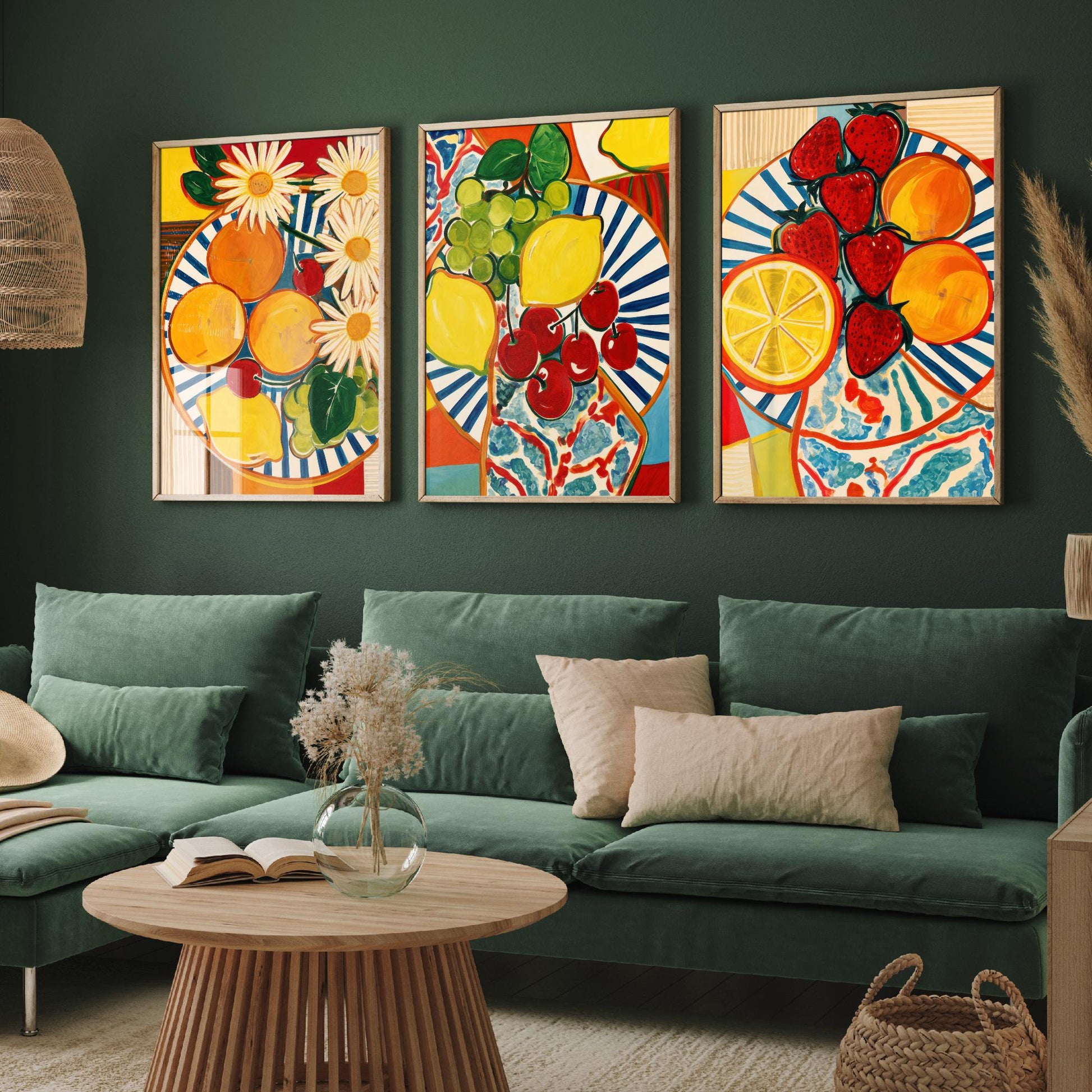 Mediterranean Fruit Set of Three Kitchen Art Prints - Matisse Style Fruit Plates - Bold Poster Wall Art Painting Gift Decor