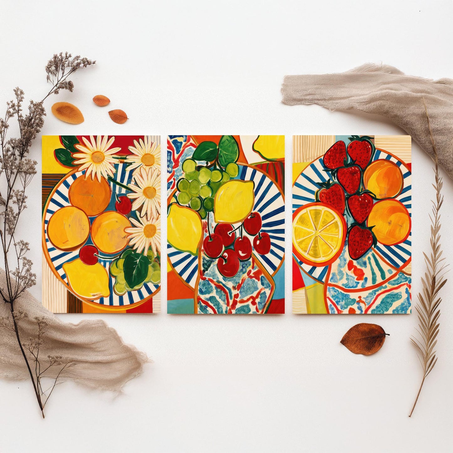 Mediterranean Fruit Set of Three Kitchen Art Prints - Matisse Style Fruit Plates - Bold Poster Wall Art Painting Gift Decor
