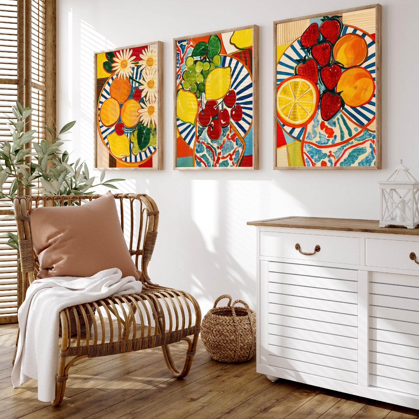 Mediterranean Fruit Set of Three Kitchen Art Prints - Matisse Style Fruit Plates - Bold Poster Wall Art Painting Gift Decor