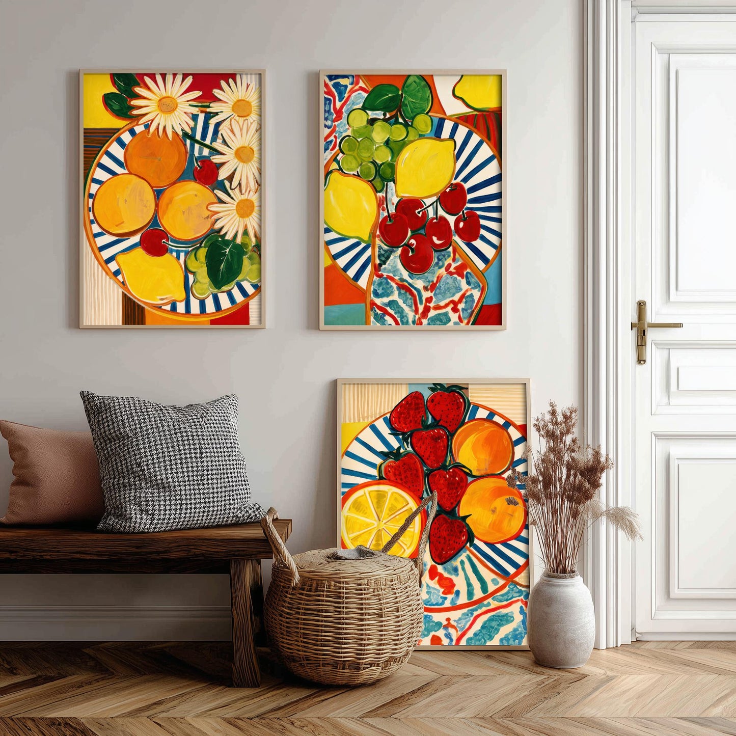 Mediterranean Fruit Set of Three Kitchen Art Prints - Matisse Style Fruit Plates - Bold Poster Wall Art Painting Gift Decor
