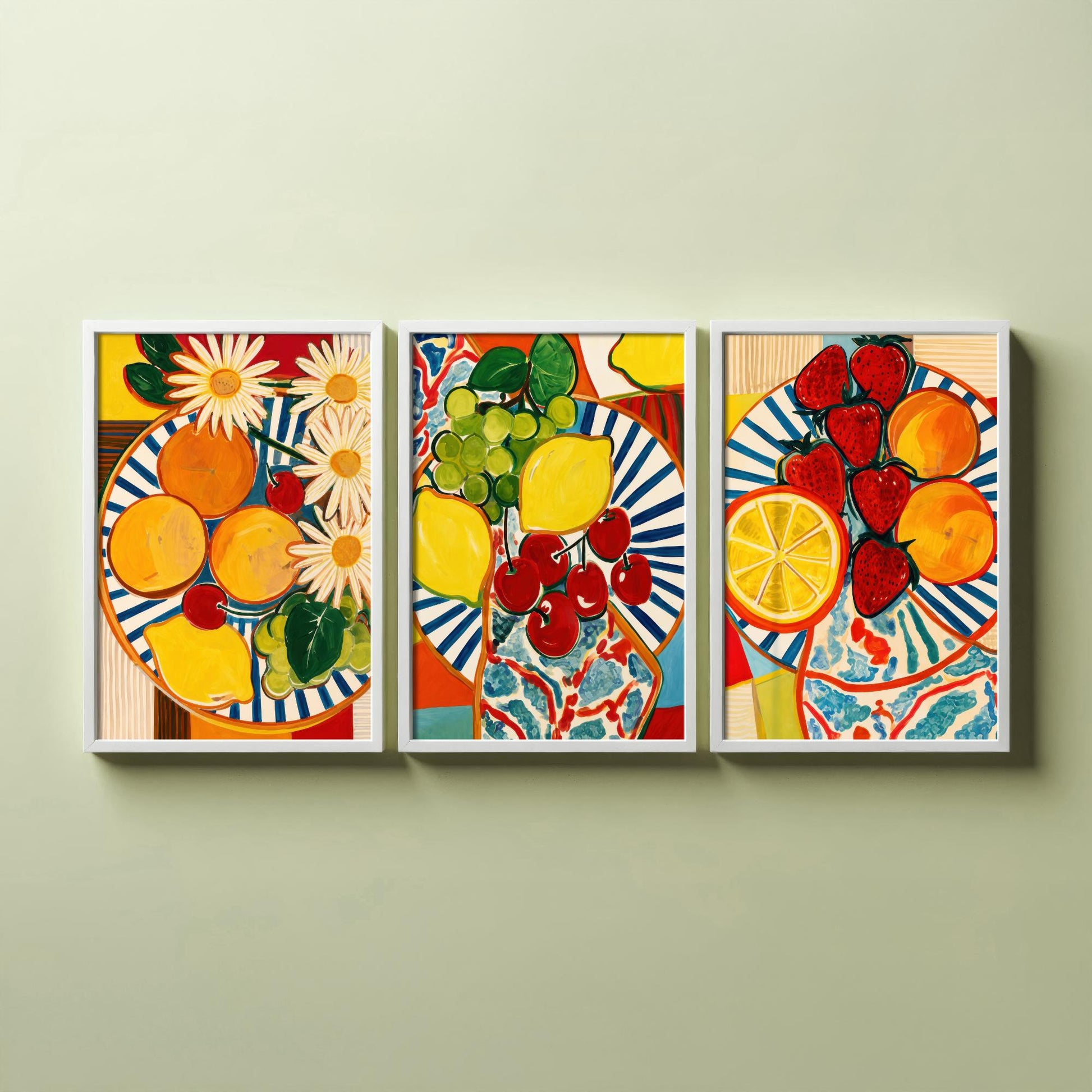 Mediterranean Fruit Set of Three Kitchen Art Prints - Matisse Style Fruit Plates - Bold Poster Wall Art Painting Gift Decor
