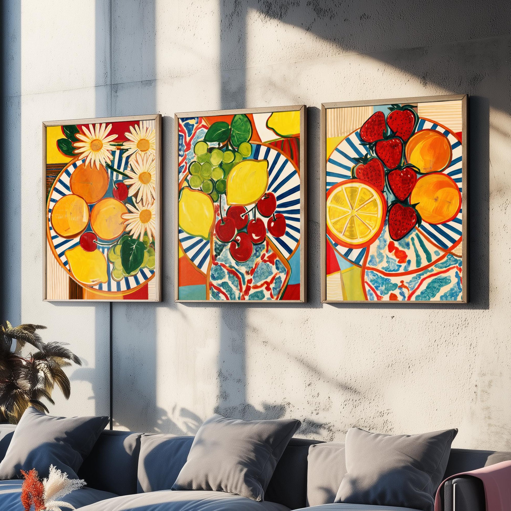 Mediterranean Fruit Set of Three Kitchen Art Prints - Matisse Style Fruit Plates - Bold Poster Wall Art Painting Gift Decor