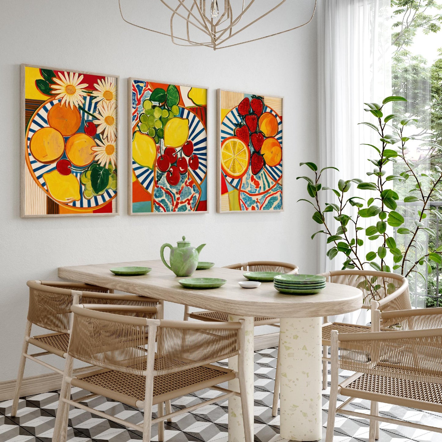 Mediterranean Fruit Set of Three Kitchen Art Prints - Matisse Style Fruit Plates - Bold Poster Wall Art Painting Gift Decor