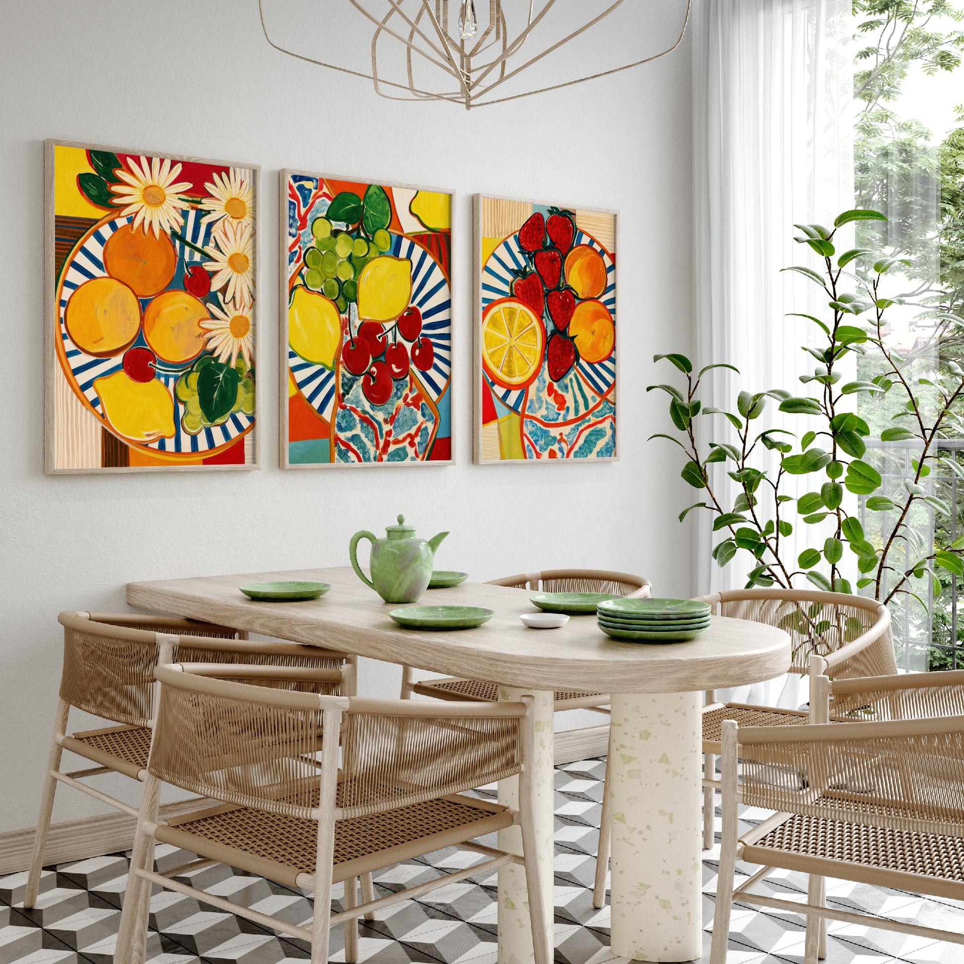 Mediterranean Fruit Set of Three Kitchen Art Prints - Matisse Style Fruit Plates - Bold Poster Wall Art Painting Gift Decor