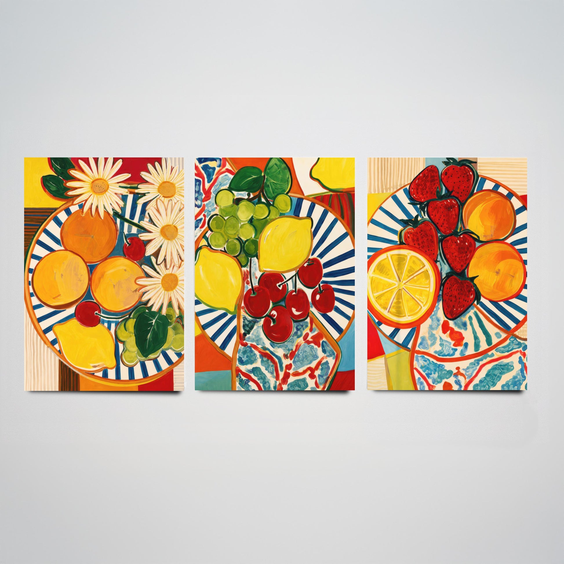 Mediterranean Fruit Set of Three Kitchen Art Prints - Matisse Style Fruit Plates - Bold Poster Wall Art Painting Gift Decor