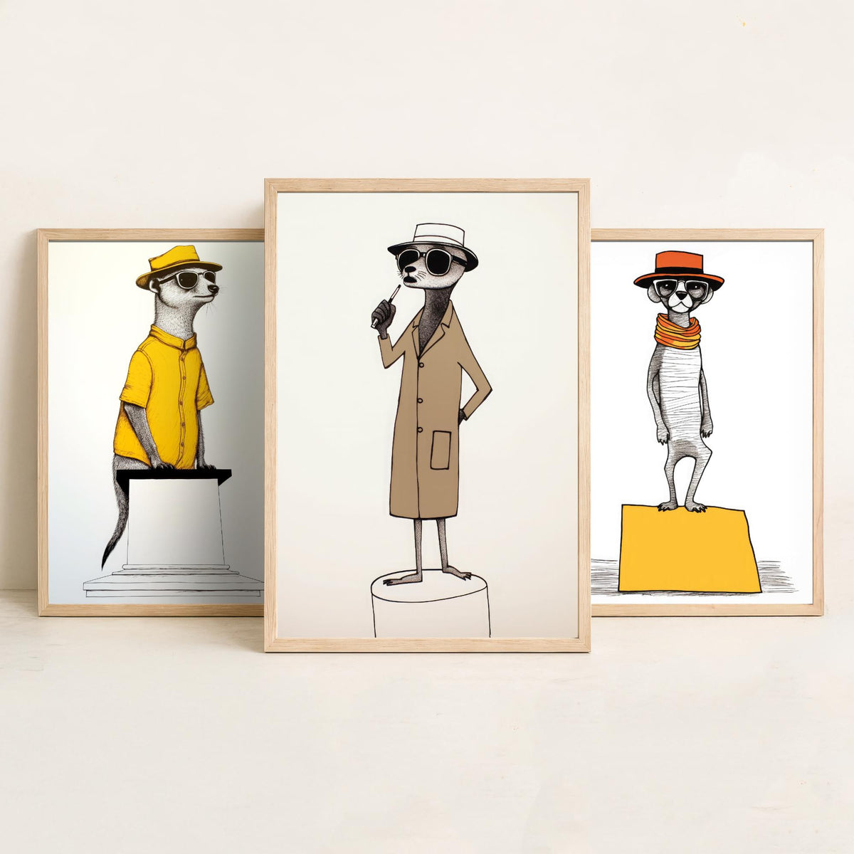 Dapper Meerkats Set of Three Art Prints - Meerkats in Hats and Sunglasses - Quirky Line Drawing Poster