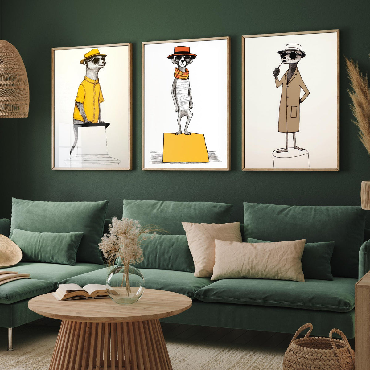 Dapper Meerkats Set of Three Art Prints - Meerkats in Hats and Sunglasses - Quirky Line Drawing Poster