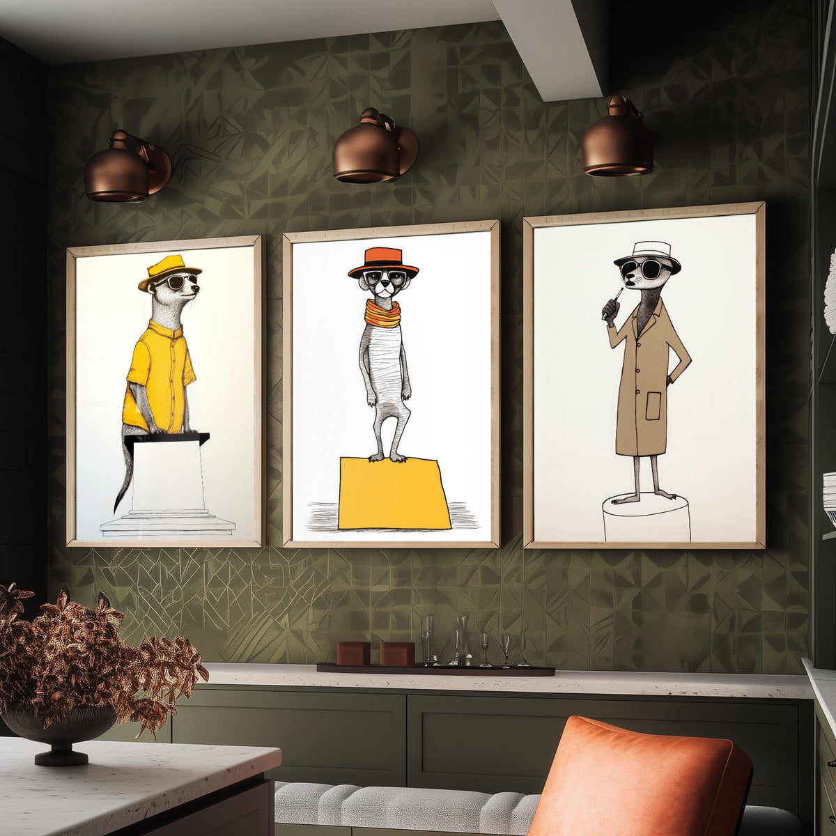 Dapper Meerkats Set of Three Art Prints - Meerkats in Hats and Sunglasses - Quirky Line Drawing Poster