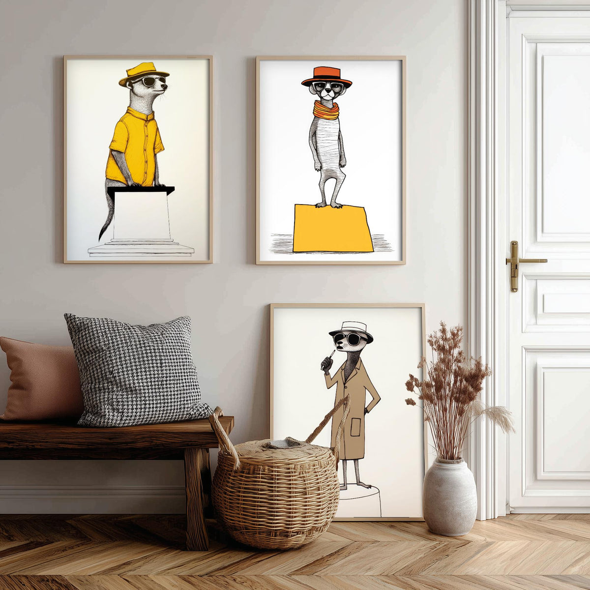 Dapper Meerkats Set of Three Art Prints - Meerkats in Hats and Sunglasses - Quirky Line Drawing Poster