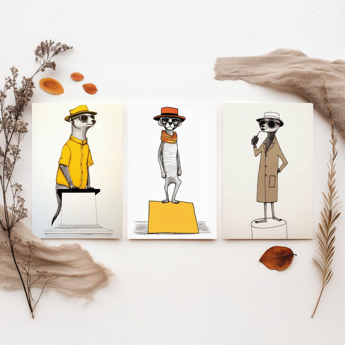 Dapper Meerkats Set of Three Art Prints - Meerkats in Hats and Sunglasses - Quirky Line Drawing Poster