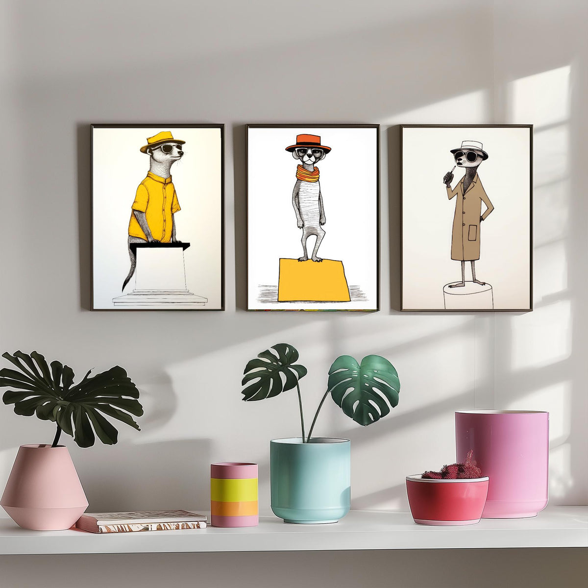 Dapper Meerkats Set of Three Art Prints - Meerkats in Hats and Sunglasses - Quirky Line Drawing Poster