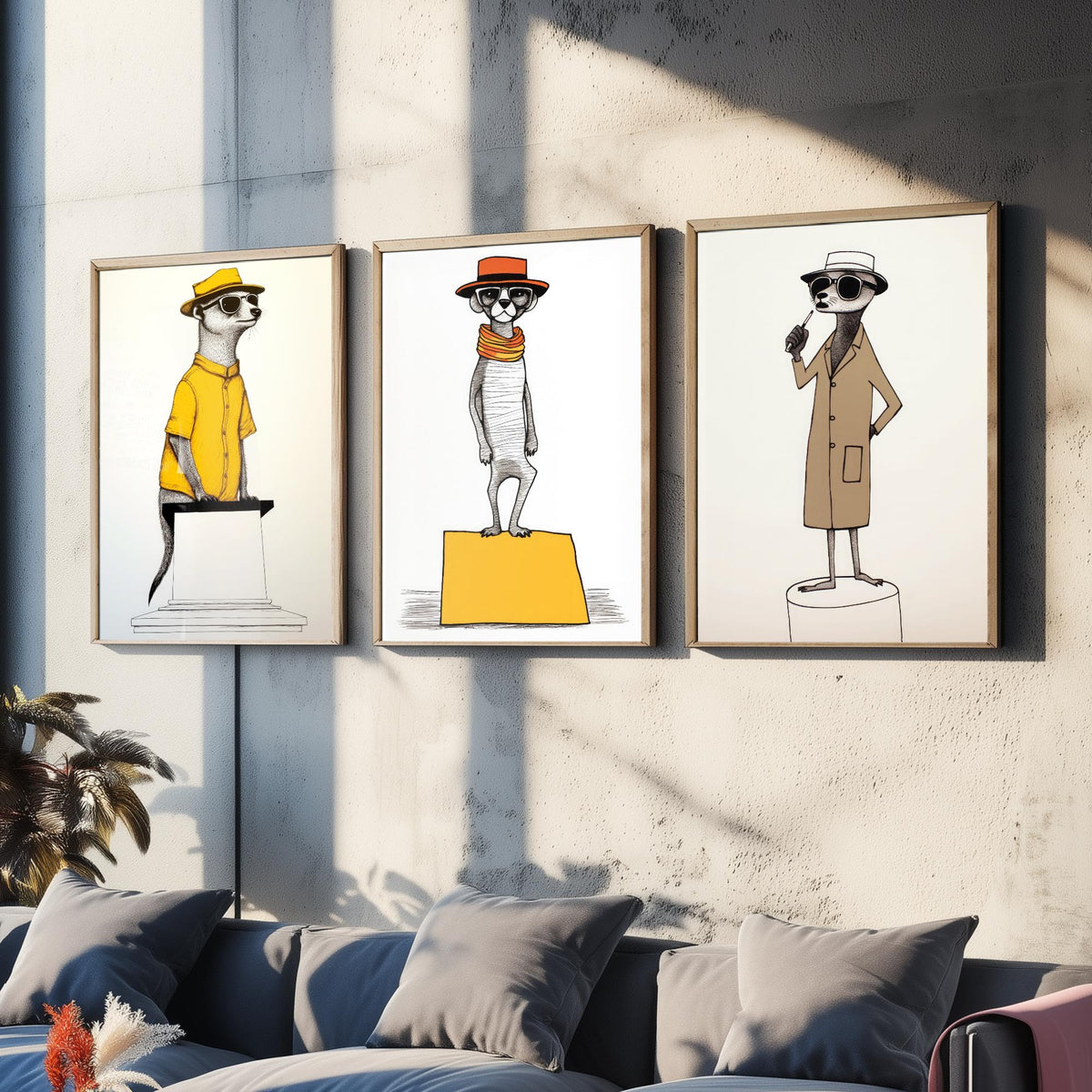 Dapper Meerkats Set of Three Art Prints - Meerkats in Hats and Sunglasses - Quirky Line Drawing Poster